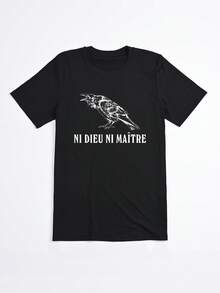 Camiseta Negra con Estampado de Cuervo y Texto Ni Dieu Ni Maitre para Uso Diario - Negro - Ver 2