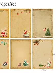 Bộ 6 giấy viết thư Kraft phong cách retro kèm phong bì, in hình ông già Noel và người tuyết, thích hợp làm quà tặng Giáng sinh cho bạn bè, gia đình và người thân. - 6 tờ giấy khổ A4 - Xem 6