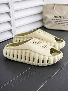 Men's Minimalist Olive Green Hollow Out Slippers, Non-Slip Wear-Resistant Waterproof, Comfortable Breathable Soft Sole, Summer Bathroom Daily Casual Sandals - Olive Green - View 2