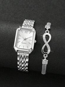 2pcs/Set Women's Fashion Casual Square Minimalist Dial Elegant Quartz Watch + Bracelet, Gift (Watch Box Not Included) - Silver - View 3