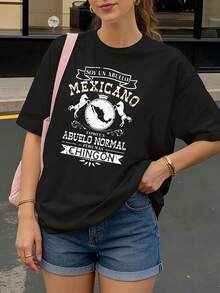 Camiseta Negra con Estampado Mexicano Abuelo Chingon para Mujer Casual - Negro - Ver 1