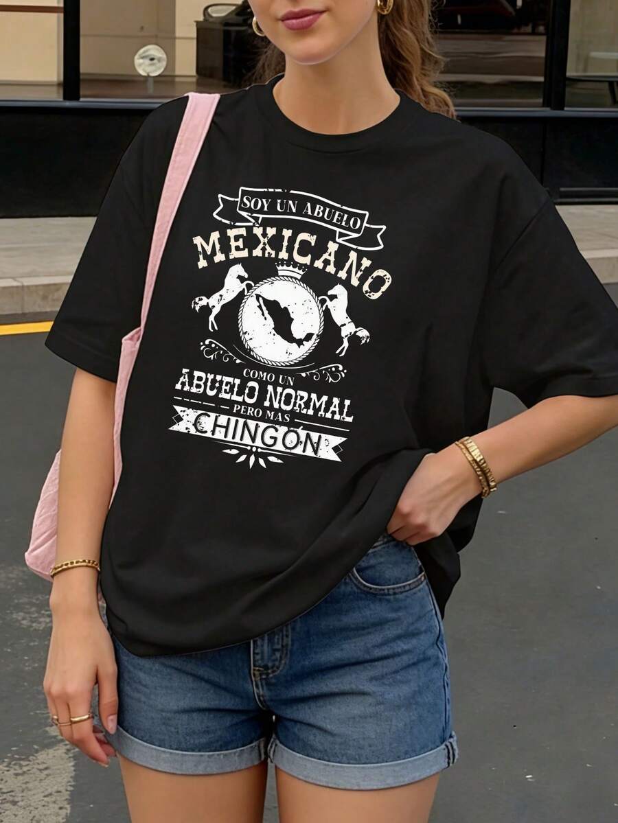 Camiseta Negra con Estampado Mexicano Abuelo Chingon para Mujer Casual - Negro - Ver 1
