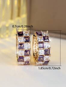 1Pair Modern Golden CZ Earrings, Dainty Princess Cut Two-Tone Style, Everyday Jewelry, Elegant Gift - Golden-purple - View 5