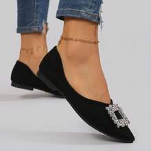 Flats de dama elegantes con diseño de punta fina y lujosa hebilla cuadrada con diamantes de imitación brillantes, zapatos elegantes de mujer en material efecto gamuza suave, zapatos cómodos de mujer ideales para oficina fiestas o eventos sociales, zapatillas planas con pedrería estilo chic sofisticado, calzado para mujer versátil y transpirable de punta estrecha, mocasines elegantes y suaves para uso diario con acabado de lujo. - Negro - Ver 3