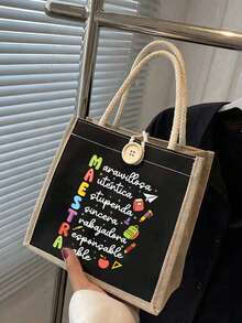 Tas Tote Motif Huruf Maestra dan Apel Aneka Warna, Tas Tote yang Dapat Digunakan Kembali, Tas Penyimpanan Kapasitas Besar yang Lucu, Tas Tangan Perjalanan Ringan - MultiWarna - View 4