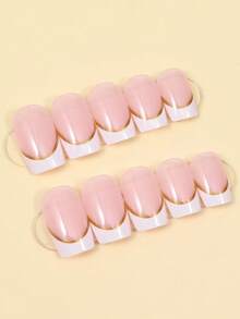 24pcs White French Short Fake Nails With Gold Line Design, Square Acrylic False Nails, Suitable For Women's Daily Wear - Multicolor - View 4