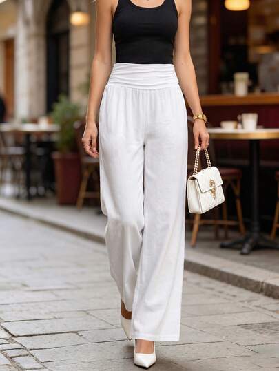 Women's High Waist Double-Layer Pleated Wide Leg Full Length Pants, Linen Blended Fabric, Lightweight Breathable Draping Comfortable, Suitable For Spring, Summer, Autumn, Valentine's Day, Vacation, Daily Wear