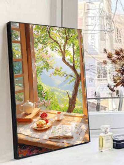 Tranh sơn dầu tự vẽ theo số chủ đề "Cảnh nhìn ra cửa sổ buổi sáng" - Tranh thủ công mỹ nghệ dành cho người lớn, trang trí nhà cửa, kích thước 40x50cm/16x20inch, quà tặng ngày lễ.
