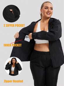 Chaqueta cortavientos e impermeable para mujer de talla grande (1 pieza), cortavientos ligero e impermeable con capucha, mangas largas, bolsillos con cremallera, ideal para deportes. - Negro - Ver 7