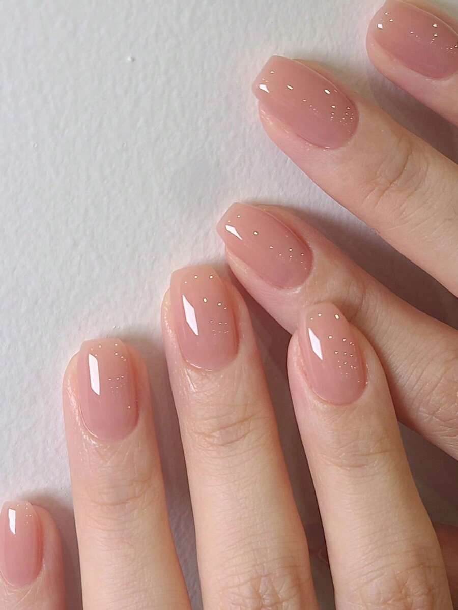 24片装短款方形优雅简约果冻粉色美甲贴套装，适合女性和女孩使用