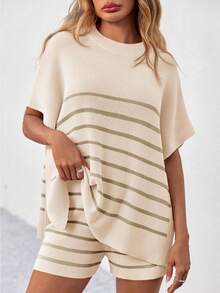 Women's Striped 2 Piece Outfits Oversized Batwing Short Sleeve Tops High Waisted Shorts Summer Knit Lounge Short Sets - Màu be - Xem 2