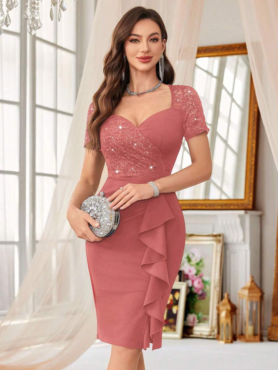 Đầm dự tiệc cocktail ôm dáng, phối sequin tương phản, ren hoa, cổ tim, viền bèo nhún. - Bụi hồng - Xem 1