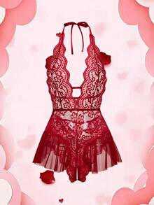Women's Open Crotch Lace Decorated Backless Halter Neck Sexy Bodysuit With Ruffle Trim - Red - View 8