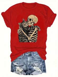 Summer Tops For Women Skull And Cat Pattern Printed T-Shirt - For Cat Lovers, Cat Moms And Dads - Soft And Comfortable Home Casual Round Neck Short Sleeve Top - Women's Clothing - Perfect Choice For Spring And Summer. Loose And Comfortable Mothers Day Outfit Summer Tops For Women Mothers Day Outfit Y2k Clothes Women - 黑色 - 查看 6