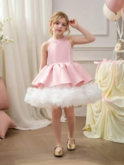 Young Girl Blue Bow Tie Mesh Dress, Elegant Little Girl Party Princess Dress, Suitable For Children's Birthday, Wedding, Flower Girl, Prom, Festival Celebration