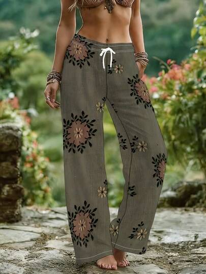 Bohemian Gray Mandala Floral Print Wide-Leg Pants Summer Drawstring Elastic Waist Loose Vacation Beach Casual Pants