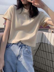 Short Sleeve T-Shirt, Solid Color, New Summer Style, Slim Fit, Versatile Round Neck Top Casual - Apricot - View 3