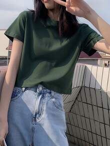 Short Sleeve T-Shirt, Solid Color, New Summer Style, Slim Fit, Versatile Round Neck Top Casual - Dark Green - View 6