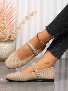 Sapatilhas Boneca Femininas com Aplicação de Strass, Sapatilhas Quadradas com Fivela, Calçado Casual de Sola Macia para Uso Diário e Escritório - Caqui - Visão 5