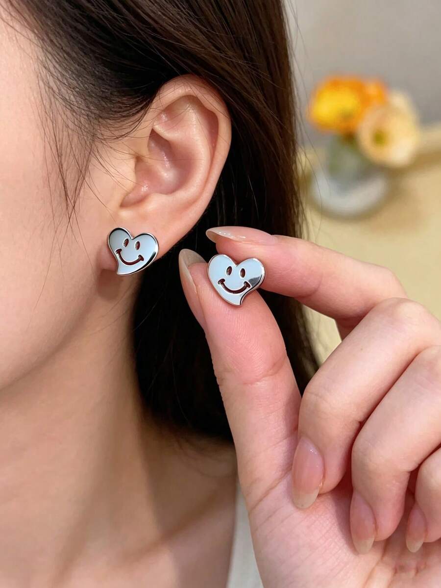 1 Đôi bông tai thời trang tối giản hình mặt cười và trái tim rỗng bằng bạc, trang sức thép không gỉ, quà tặng đôi unisex, bông tai phong cách tối giản hàng ngày. - Bạc - Xem 1