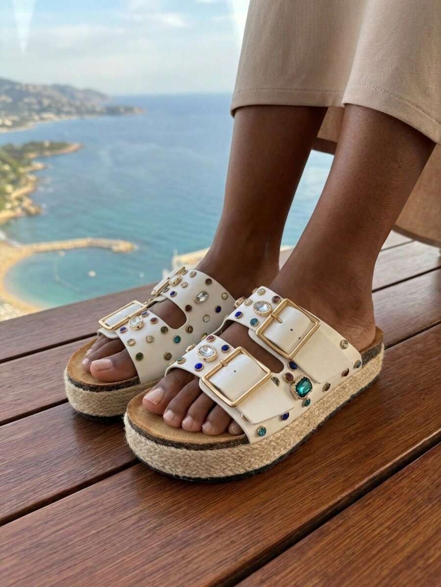 Ladies Fashion Platform Slippers Sandals - White - View 1
