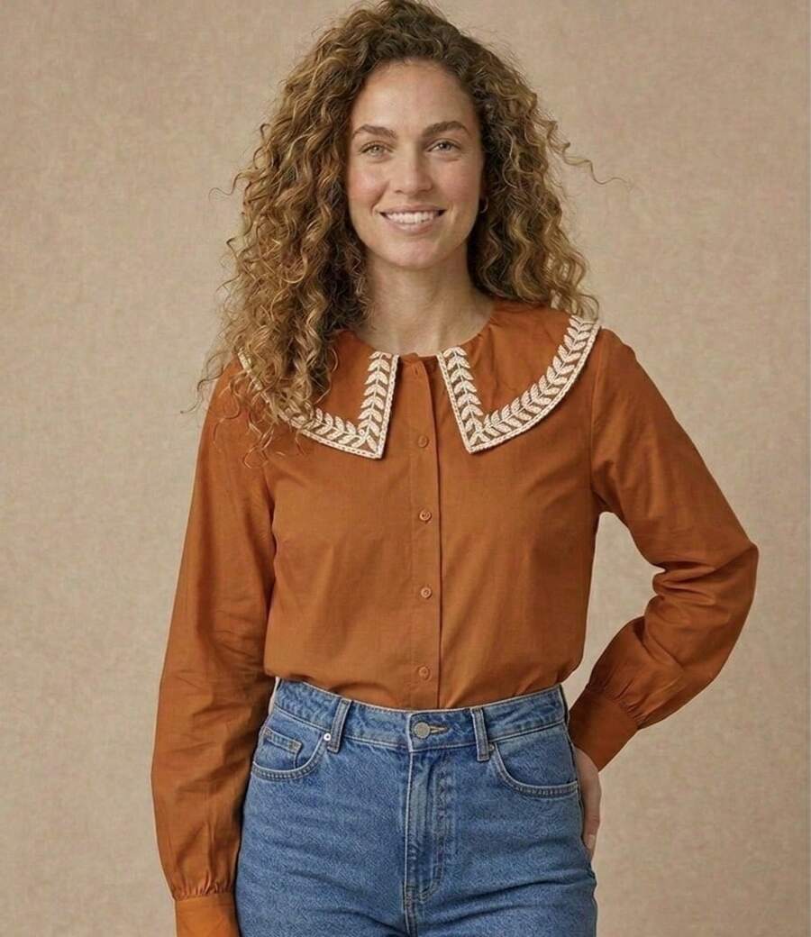 Women's Shirt With Ruff Collar/ Embroidered Detail/ Front Buttons/ Long Sleeves/ Classic Fashion S2192 2 In 1 Office - 鏽棕色 - 查看 1
