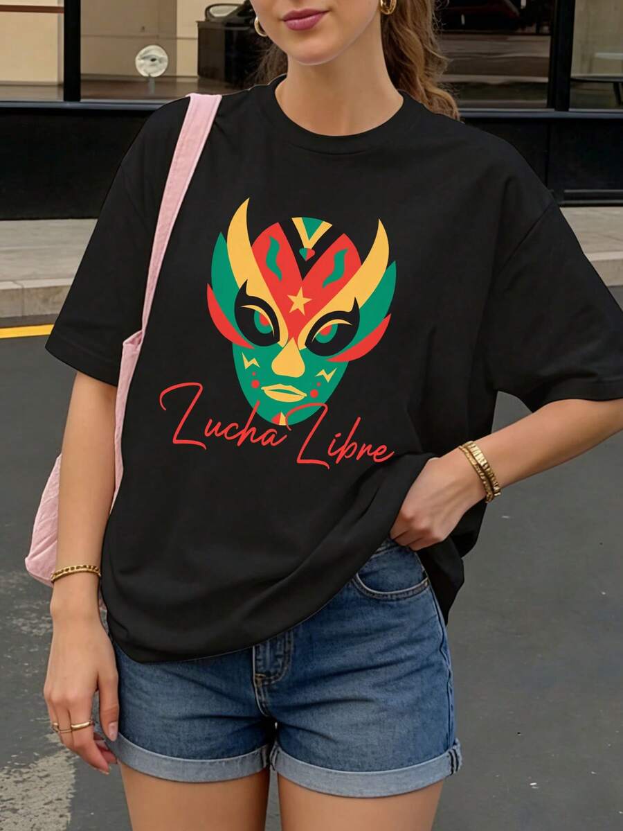 Camiseta Negra con Estampado de Máscara de Lucha Libre para Mujer Casual - Negro - Ver 1