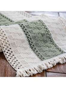 1 chiếc khăn trải bàn trang trí cao cấp, sang trọng, chất liệu cotton lanh, phong cách mộc mạc Boho, thêu tua rua, dùng trong nhà. - màu xanh lá - Xem 1