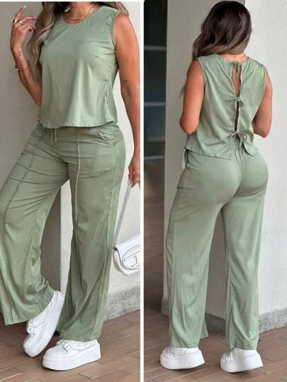 Women's Fashionable Street-Style Casual Sleeveless Vest Top, Solid Color Sleeveless Round Neck Backless Tie Vest Top + Wide Leg Pants Slimming Elegant 2-Piece Set, Suitable For Home, Outdoor, Beach, Resort Wear Summer