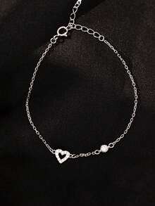 1pc S925 Sterling Silver Hollow Heart Rhinestone Bracelet, Sweet & Cute Ins Style Delicate Minimalist Accessory, Fashionable & Refined, Suitable For Girls Daily Wear Or Birthday Gift - Love - View 4