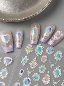 2pcs Vintage Gemstone Pattern Nail Stickers, Includes Retro Heart Shape And Oval Totem Designs, 3D Self-Adhesive Nail Art Decals, Vibrant Colors, Suitable For Personal And Nail Salon Use - Multicolor - View 5