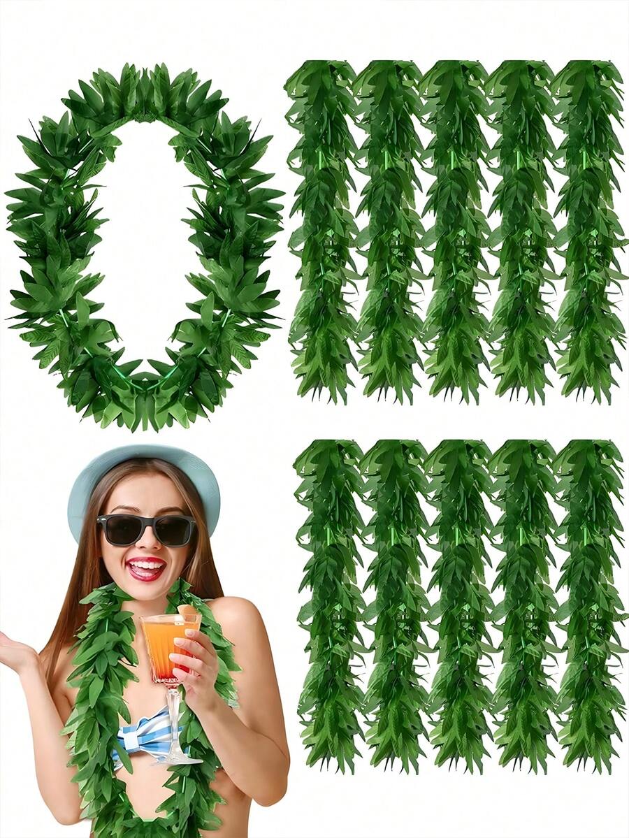 2/1pc Tropical Green Fern Leaf Leis - Artificial Hawaiian Garland Necklace For Summer Beach Pool Party Favors, Decorations & Photo Props No Maintenance, Festive Event Accessories, Hawaiian Themed Accessory, Hawaiian Party Decorations - Wreath - View 1