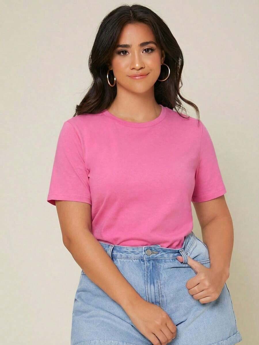 BASICS Camiseta De Cuello Redondo Sólido Para Tallas Grandes - Rosa - Ver 1
