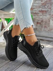 Breathable Mesh Sneakers] Lightweight Breathable Mesh Sneakers - Non-Slip EVA Sole, Comfortable Ankle Support, Lace-Up Low-Top Running & Tennis Shoes For Men And Women, Retro Style, All-Season Wear, Fitness Wear - 黑 - 查看 4