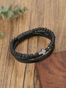 1pc Retro Cross Decor Men's Layered Beaded & PU Leather Bracelet, Natural Stone Beaded Magnetic Clasp Bracelet For Daily Wear & Gift - Multicolor - View 13