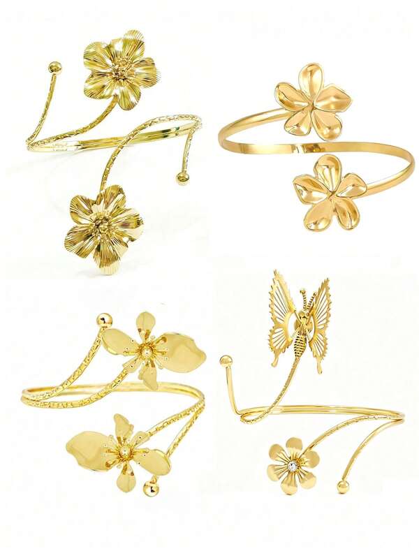 4pcs Elegant Women's Gold Metal Butterfly & Flower Open Bangle Bracelet - Vintage Hollow-Out Design, Suitable For Wedding, Party And Daily Wear, Exquisite Craftsmanship For Special Occasions