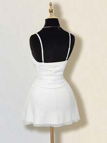 Vestido mini halter retro estampado otoñal con pliegues para mujer - Blanco - Ver 8
