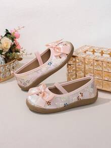 1 par de zapatos estilo chino Mary Jane nuevos, zapatos de cuero con punta redonda y slip-on, bordados florales retro, tacón plano, adecuados para atuendos, rosa suave con lazo, apropiados para actuaciones, niñas de las flores, festivales - Rosa Pálido - Ver 6