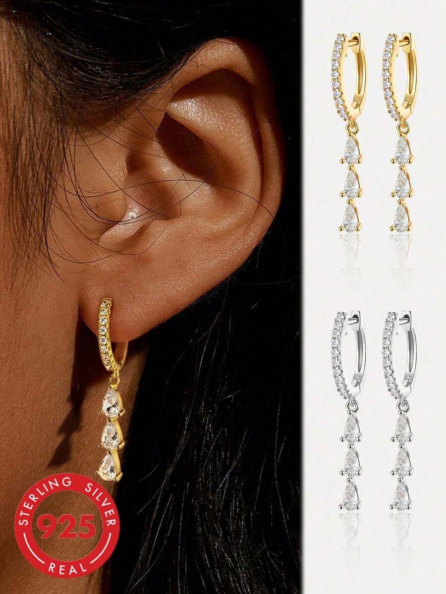 1 Pair Minimalist 925 Sterling Silver Teardrop Pave Diamond Earrings, Fashionable Elegant Jewelry Gift For Women - Style 1 - View 1