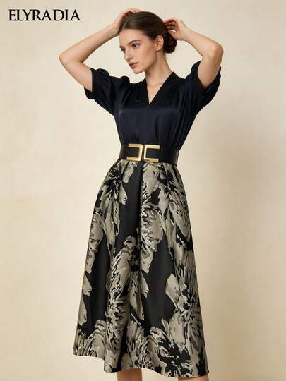 ELYRADIA Vestido formal negro para mujer, vestido ajustado elegante para ocasiones como bodas y fiestas; vestido casual largo con bordado floral en patchwork
