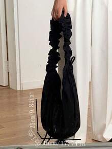 Bolso de hombro de tela negra sólida, bolso de tela con pliegues y volantes debajo del brazo de gran capacidad, silueta blanda y holgada, bolso de estilo minimalista y elegante para uso diario. Perfecto para estudiantes, damas casuales y uso diario. Excelente para ir al trabajo, compras casuales, paseos por la calle y reuniones de fin de semana. - Negro - Ver 5