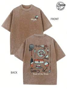 HUK Fishing Shirts For Men,Daily Couple Style Style Outfit, Fishing Enthusiast, Streetwear, Fishing Tool Graphic T-Shirts, 230G Washed High Quality Cotton Printed T-Shirt; Fishing T-Shirts,Comfortable,Street Retro And Outdoor Sports And Leisure, Spring And Summer Clothing, Gifts For Men TULM - 咖啡色 - 查看 1