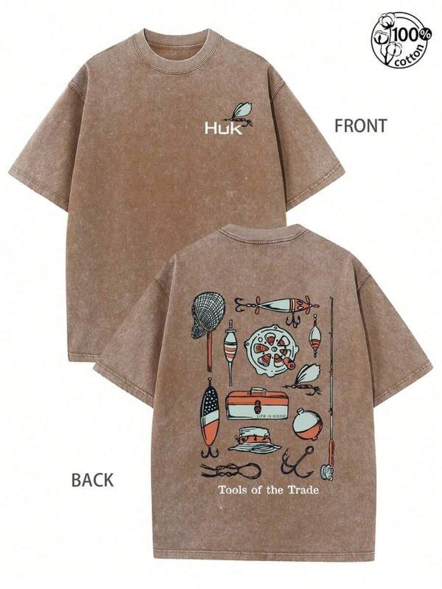 HUK Fishing Shirts For Men,Daily Couple Style Style Outfit, Fishing Enthusiast, Streetwear, Fishing Tool Graphic T-Shirts, 230G Washed High Quality Cotton Printed T-Shirt; Fishing T-Shirts,Comfortable,Street Retro And Outdoor Sports And Leisure, Spring And Summer Clothing, Gifts For Men TULM - 咖啡色 - 查看 1