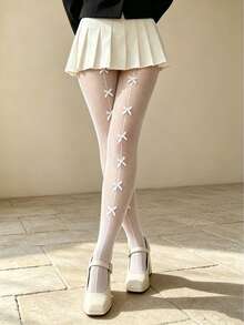 White Fishnet Tights With Bow Pattern - Cute Sheer Mesh Pantyhose For Women, Kawaii Japanese Style Legwear - Multicolor - View 9