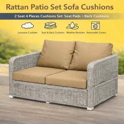 2 Seater 4pcs Outdoor Rattan Chair Cushion Set – Garden Patio Sofa Seat & Back Pads, Water-Resistant Covers, Replacement Cushions For Outdoor Furniture