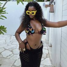 Ins Fashion Colorful 3D Butterfly Adjustable Strap Bikini For Hot Girls At The Pool And Beach - Black - View 3