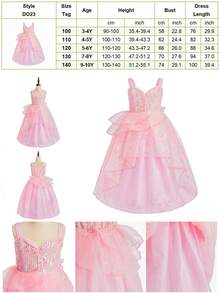 Bộ 6 món gồm váy công chúa màu hồng voan đính sequin không tay, băng đô, đũa phép, túi xách, thích hợp cho lễ Giáng sinh và tiệc hóa trang. - Hồng - Xem 10