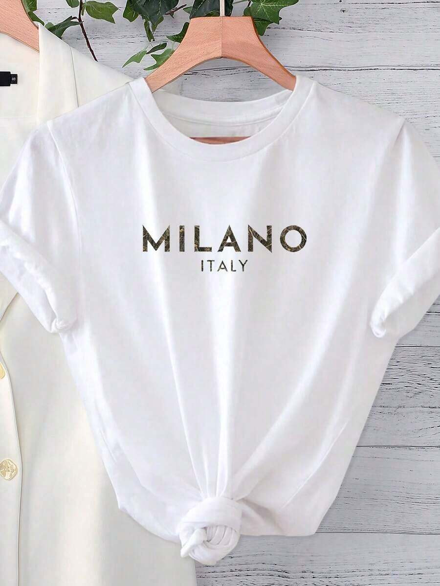 Camiseta de manga corta casual con estampado de cuello redondo para mujer , camiseta estampada de primavera/verano, top de mujer 100% algodón. - Blanco - Ver 1