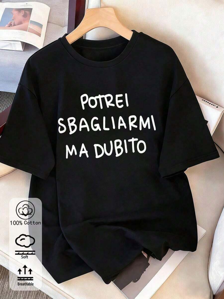 -Women's Shirt, 100% Cotton, White, Short Sleeves, With Italian Slogan Print, Size, New Style For Spring/Summer/Autumn/Winter, Women's Sportswear, , Soft And Breathable, Suitable For Holidays. - White 2 - View 1