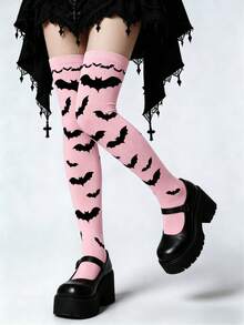 Élanzette 1 Pair Pink Thigh High Socks, Gothic Bat Design Over-The-Knee Long Socks, Street Fashion For Women, Comfortable Summer Outfit - Multicolor - View 2